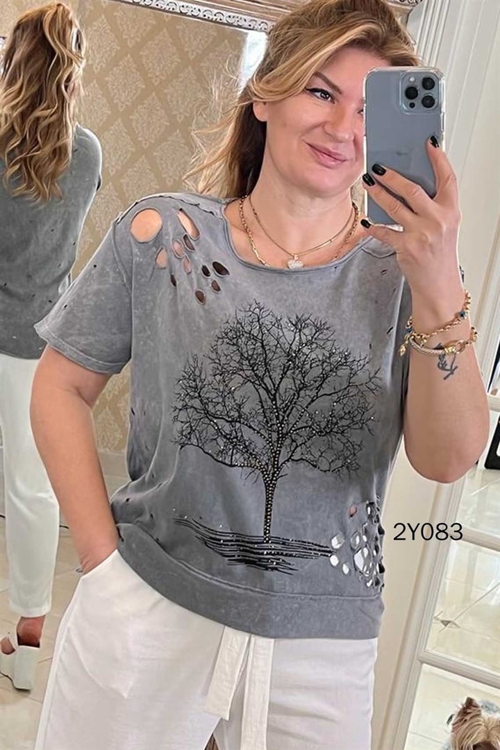 Ağaç Baskılı Yıkamalı Kumaş Tshirt