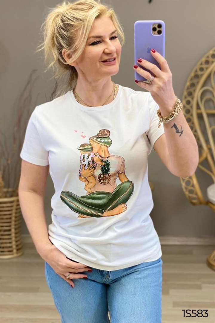 Anne Ve Çocuk Baskılı El İşlemeli Tshirt