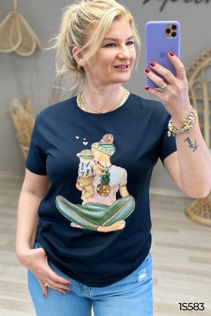 Anne Ve Çocuk Baskılı El İşlemeli Tshirt