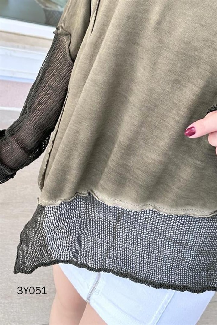 Asimetrik Kesim Kapşonu Fileli Bluz