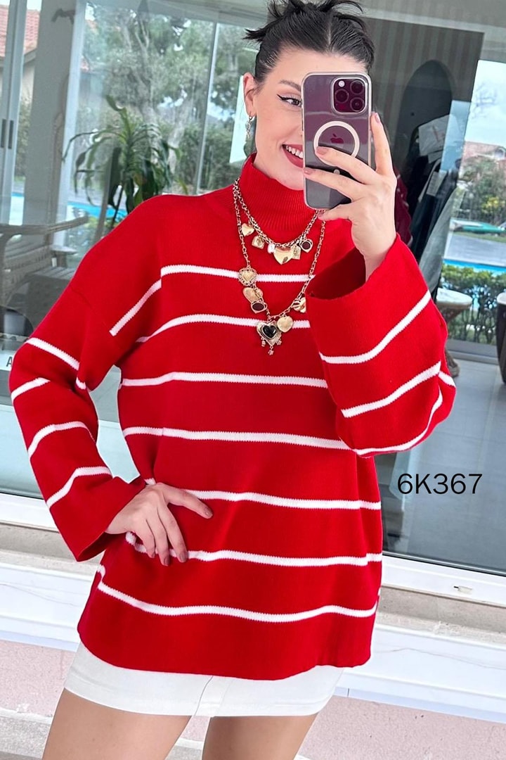 Balıkçı Yaka Çizgili Triko Bluz