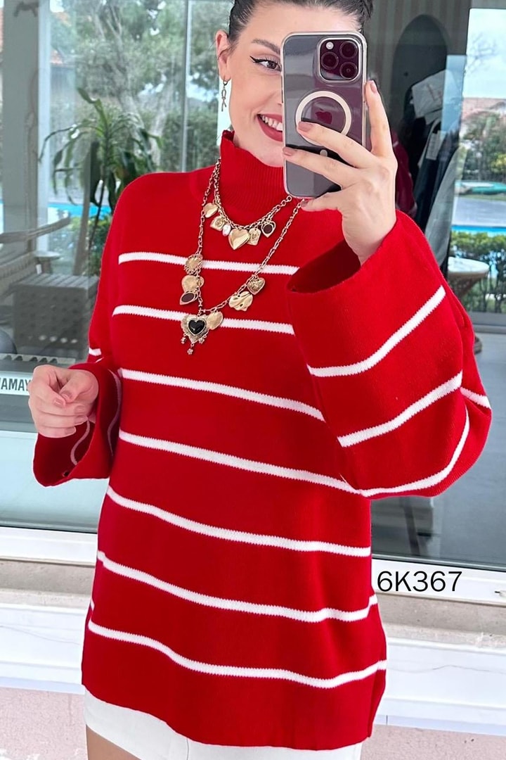 Balıkçı Yaka Çizgili Triko Bluz