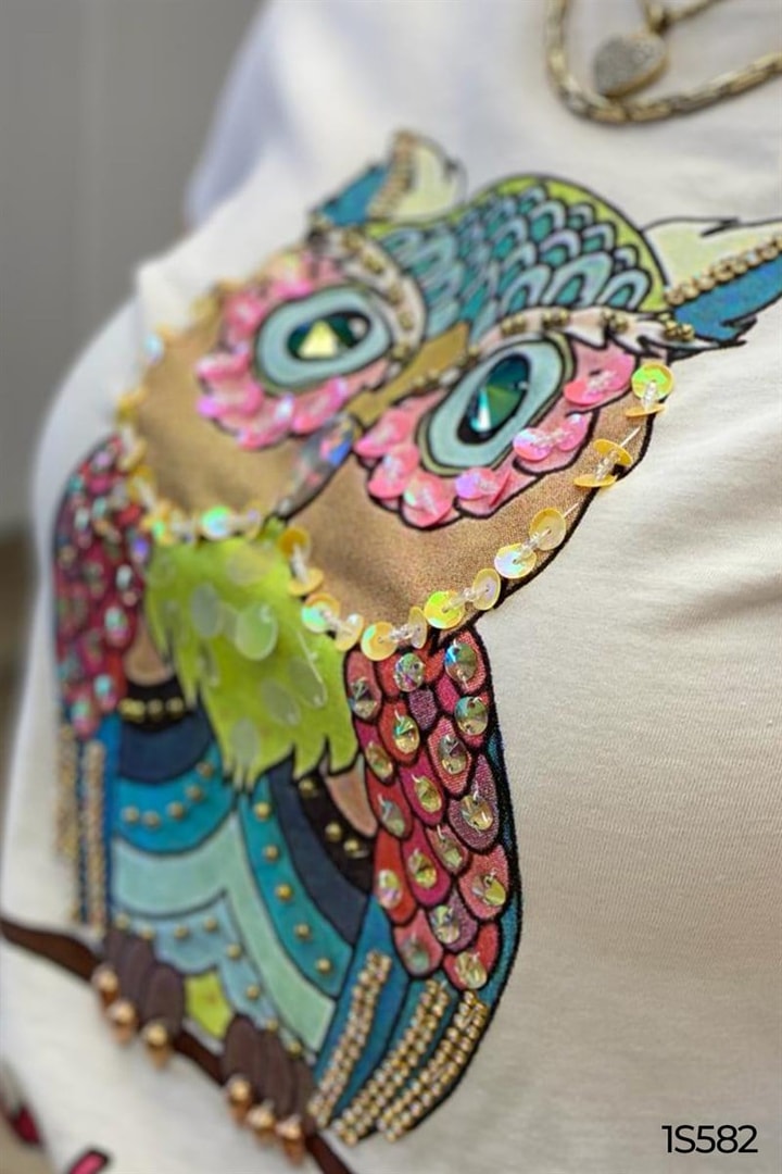 Baykuş Baskılı El İşlemeli Tshirt
