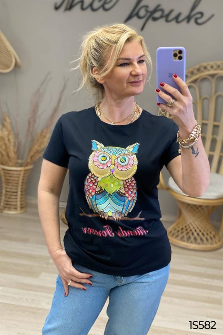 Baykuş Baskılı El İşlemeli Tshirt