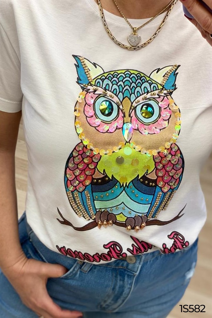 Baykuş Baskılı El İşlemeli Tshirt
