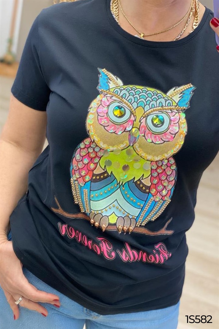 Baykuş Baskılı El İşlemeli Tshirt