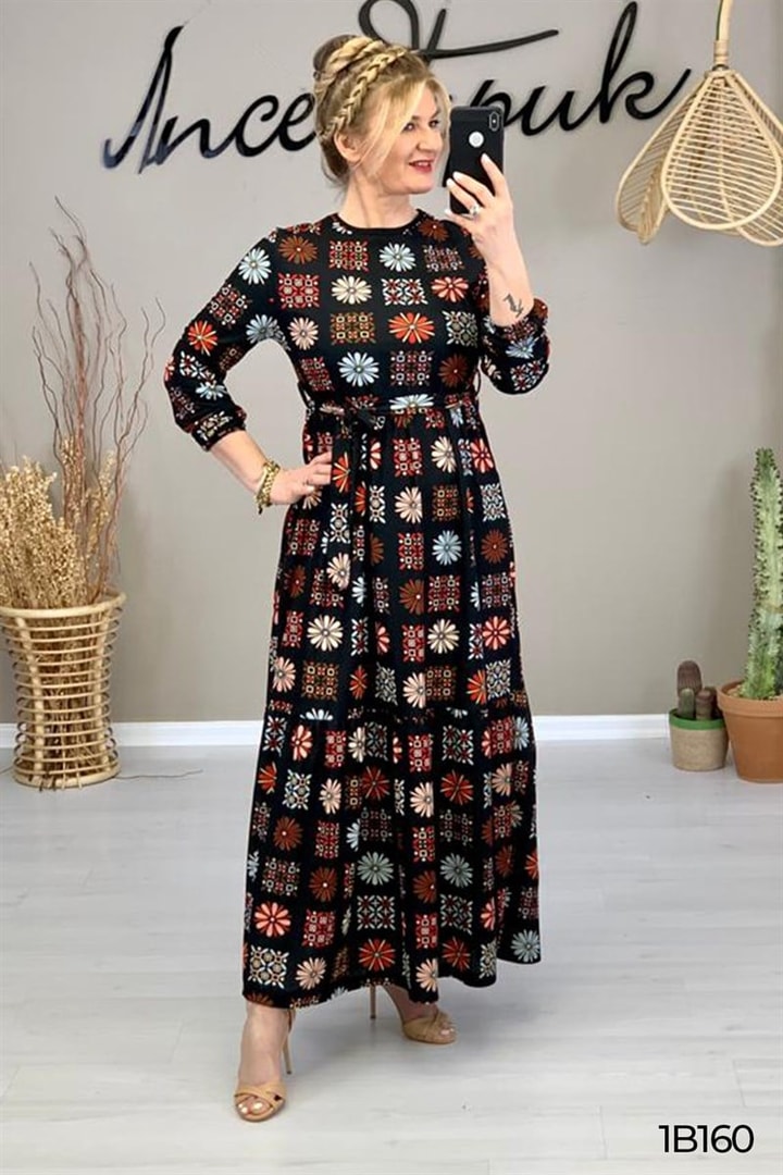 Belden Bağlamalı Desenli Elbise
