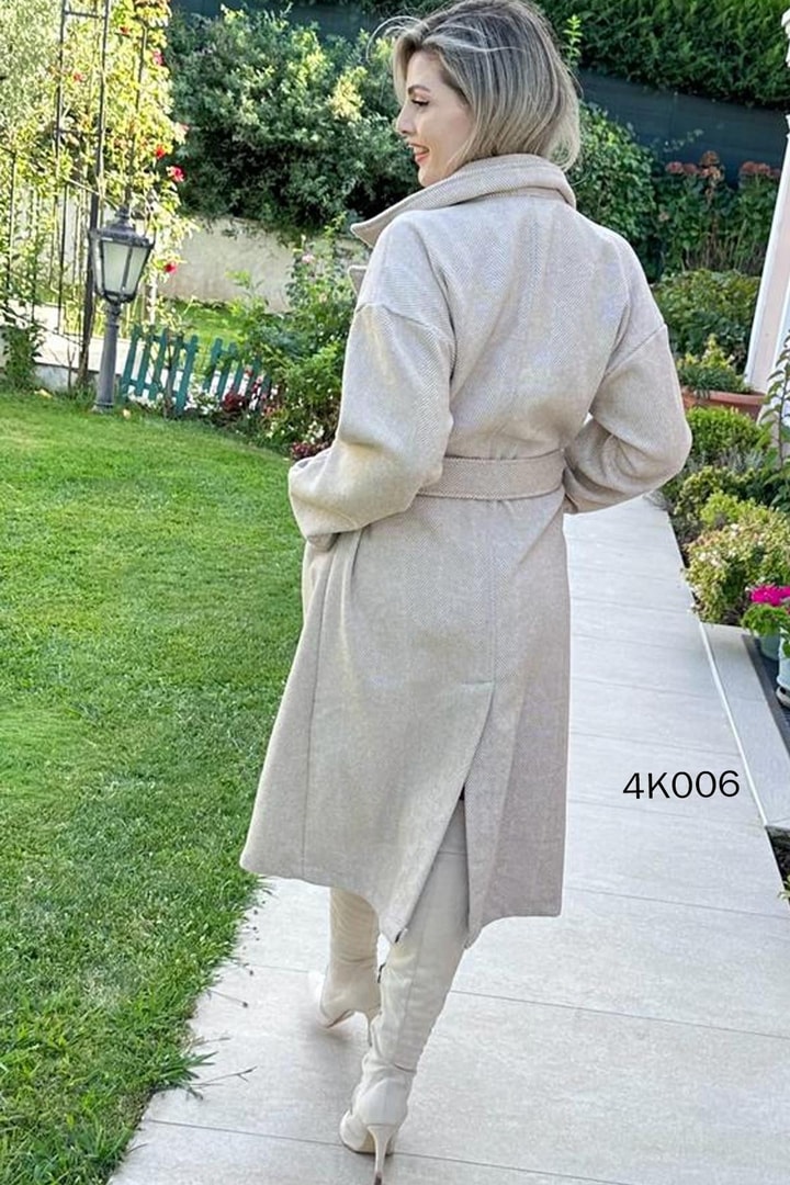 Belden Bağlamalı Kaşe Kaban