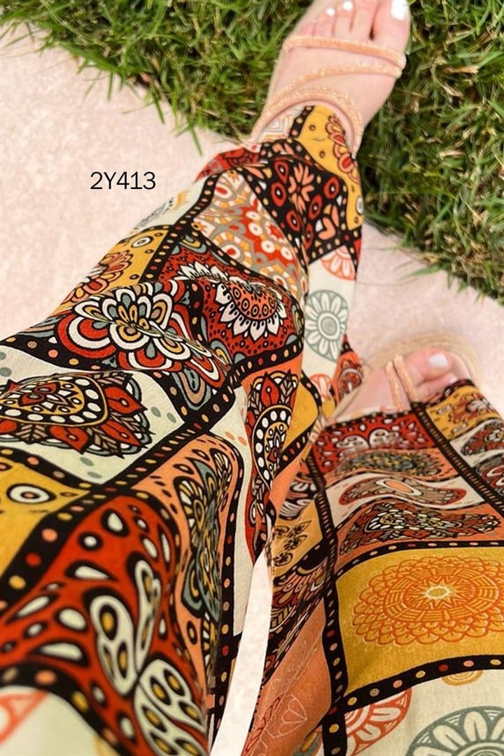 Beli Lastikli Desenli Pantolon