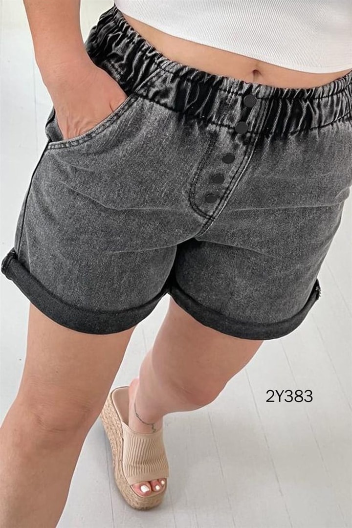 Beli Lastikli Duble Paçalı Kot Şort
