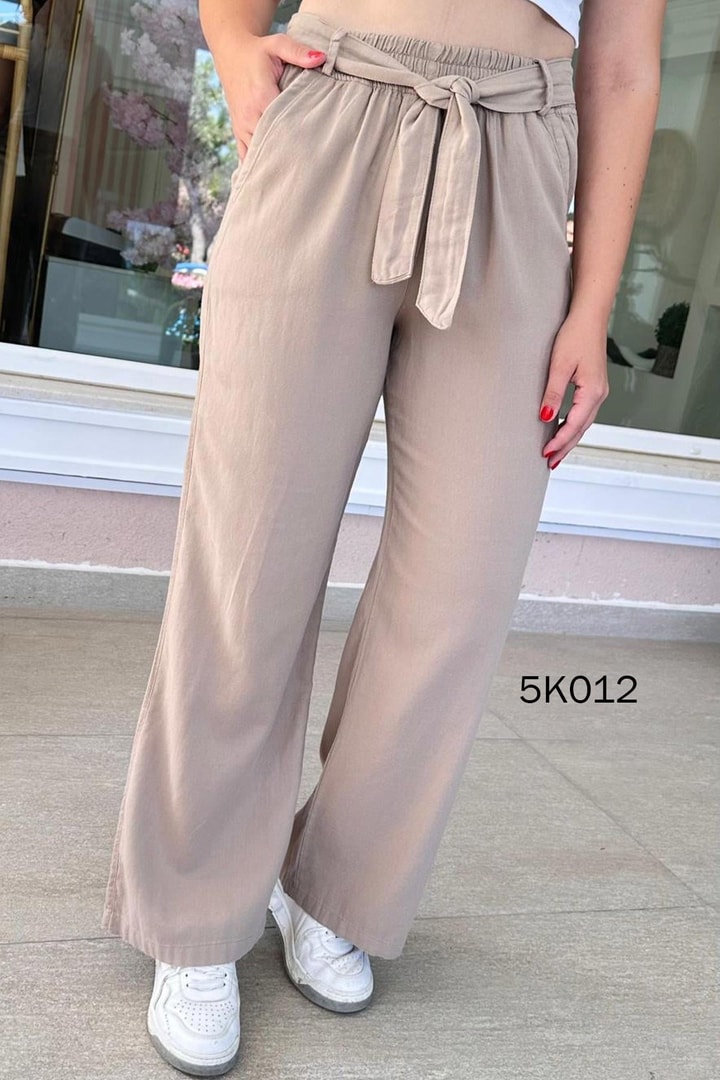 Beli Lastikli Kemerli Keten Pantolon