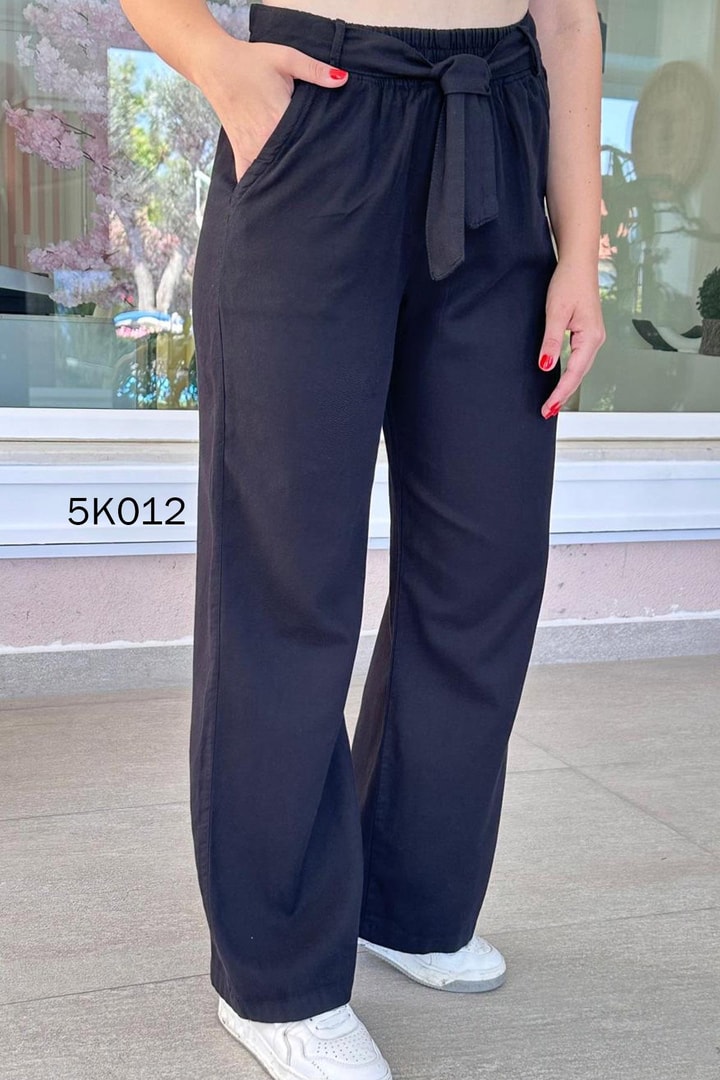 Beli Lastikli Kemerli Keten Pantolon