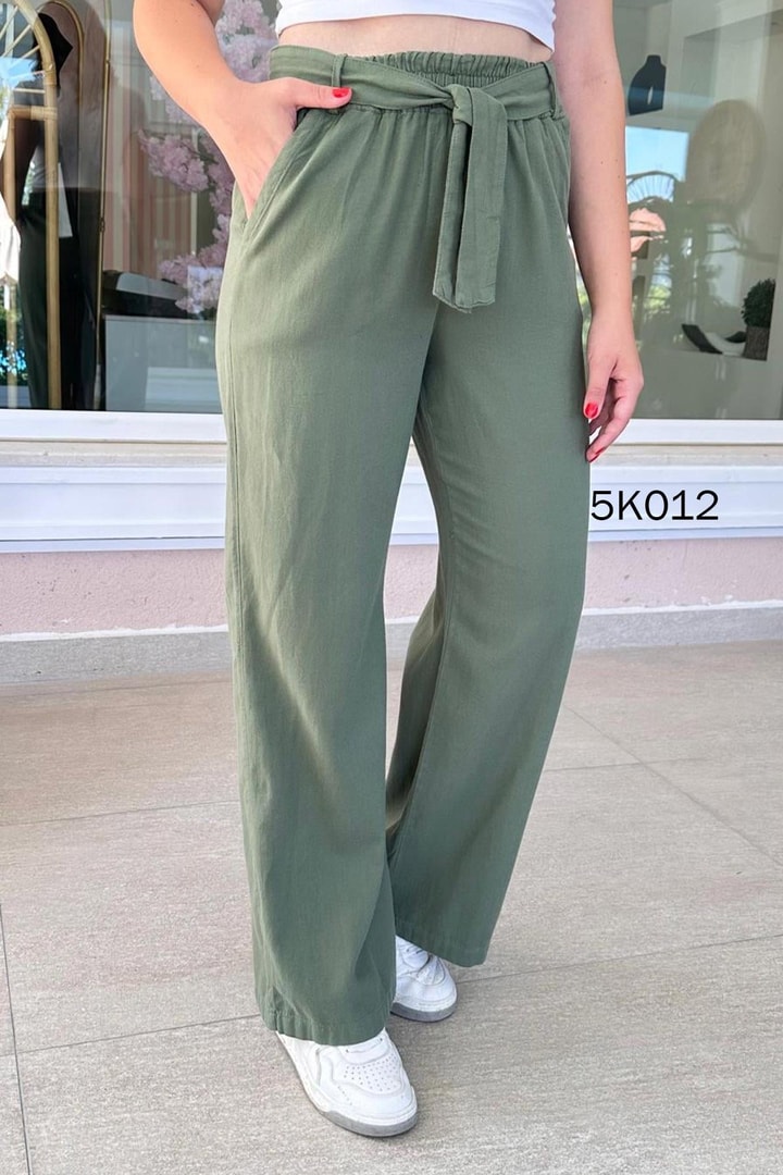 Beli Lastikli Kemerli Keten Pantolon