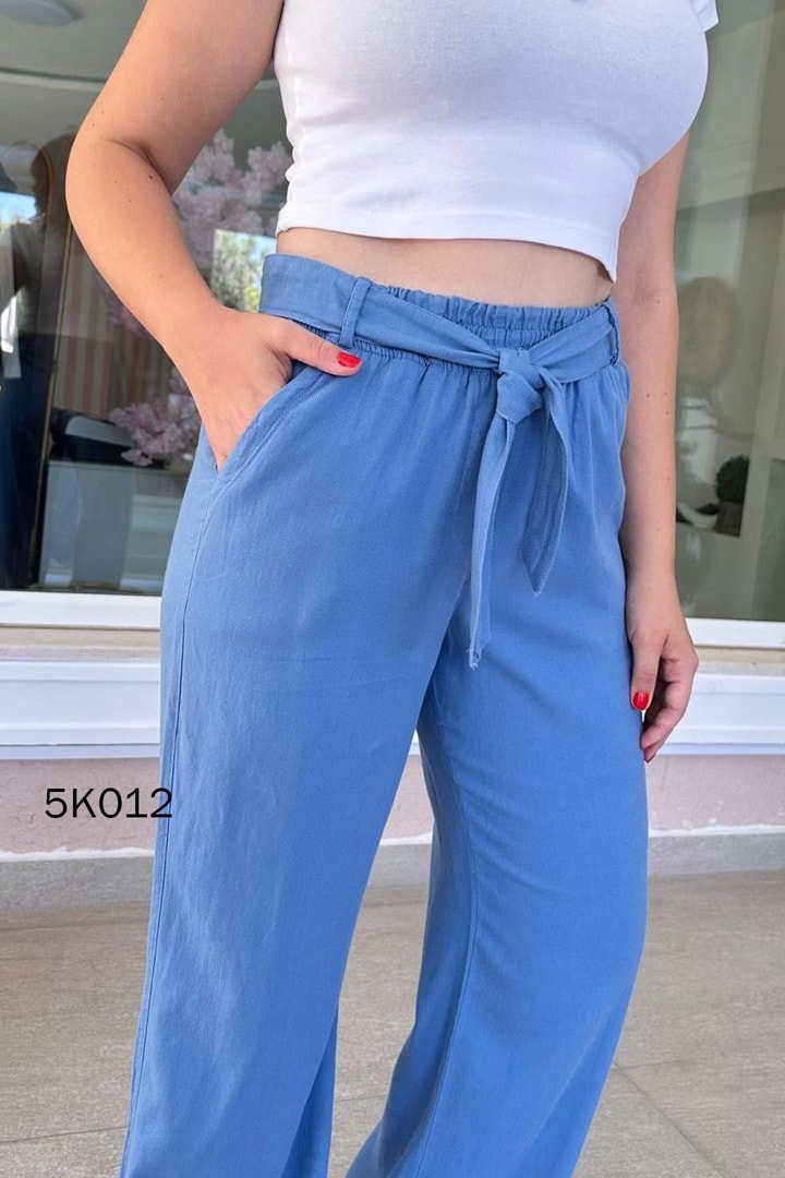 Beli Lastikli Kemerli Keten Pantolon