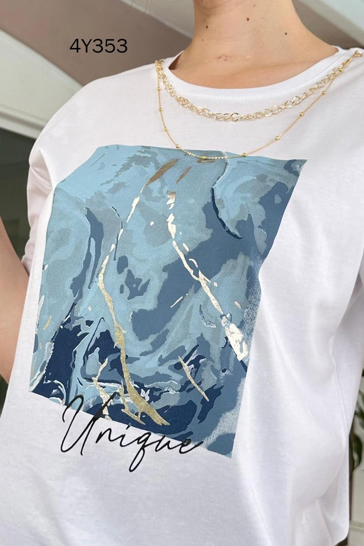 Bisiklet Yaka Baskılı Kolyeli Tshirt