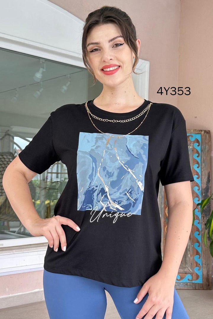 Bisiklet Yaka Baskılı Kolyeli Tshirt