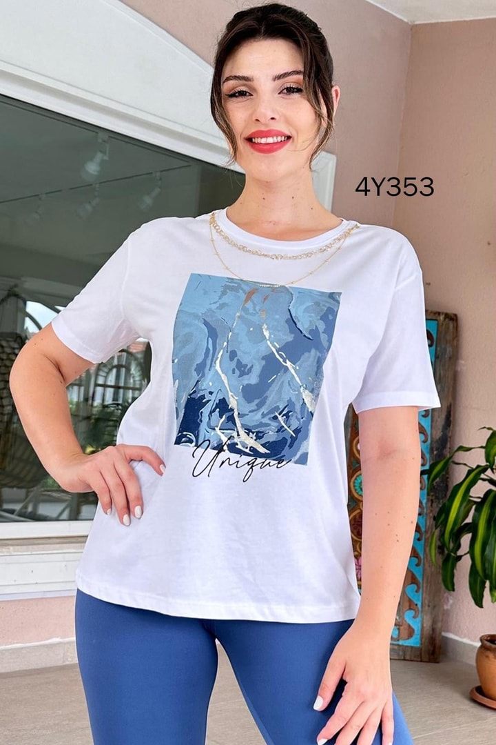 Bisiklet Yaka Baskılı Kolyeli Tshirt