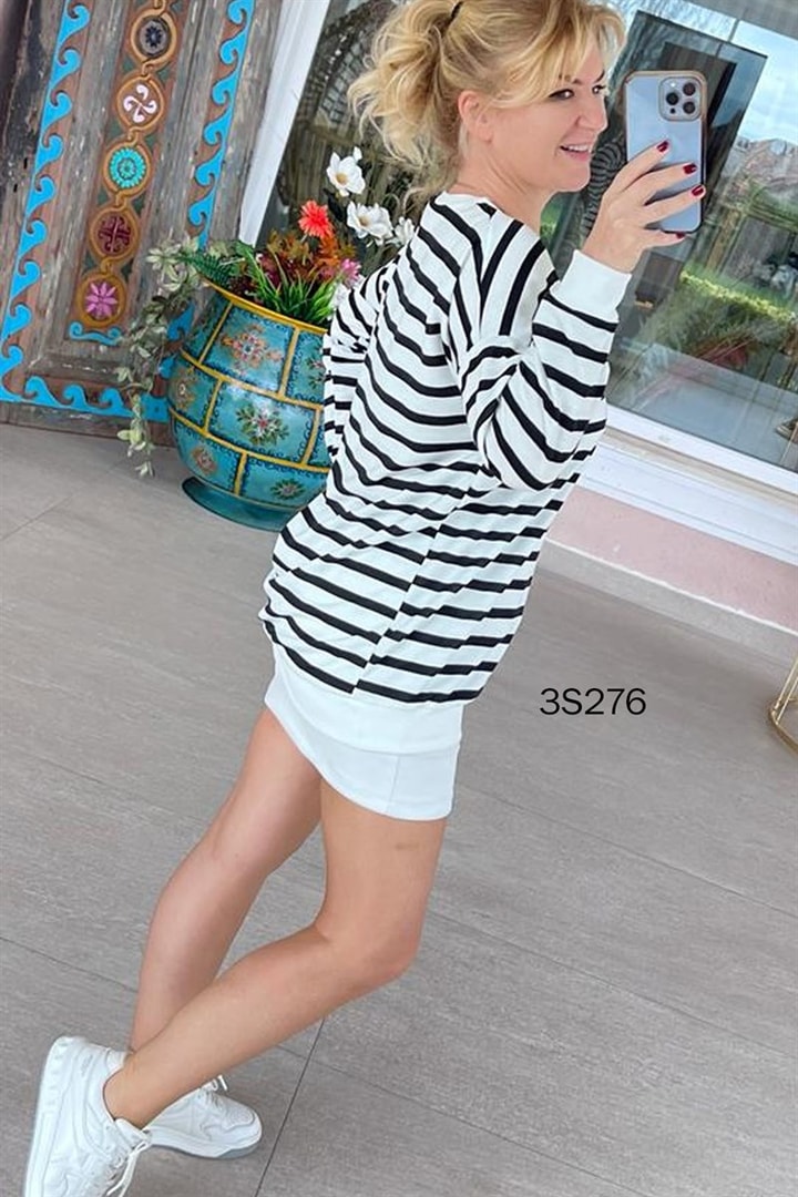 Bisiklet Yaka Çizgili Oversize Sweat