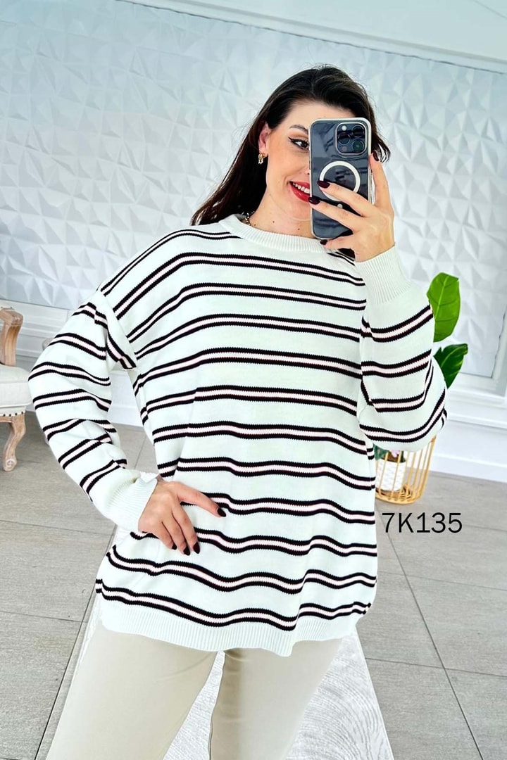 Bisiklet Yaka Çizgili Triko Bluz