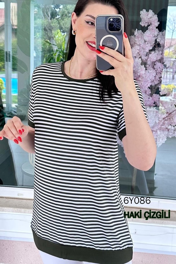 Bisiklet Yaka Çizgili Viskon Bluz