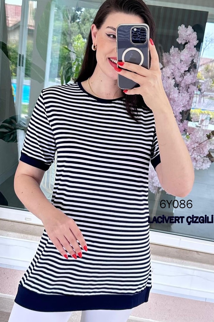 Bisiklet Yaka Çizgili Viskon Bluz