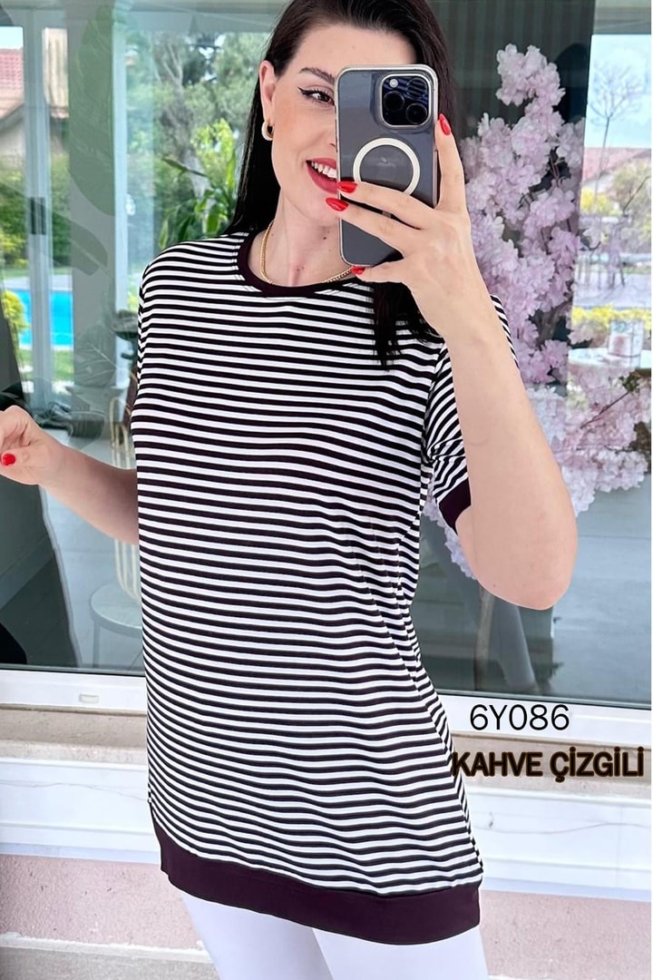 Bisiklet Yaka Çizgili Viskon Bluz