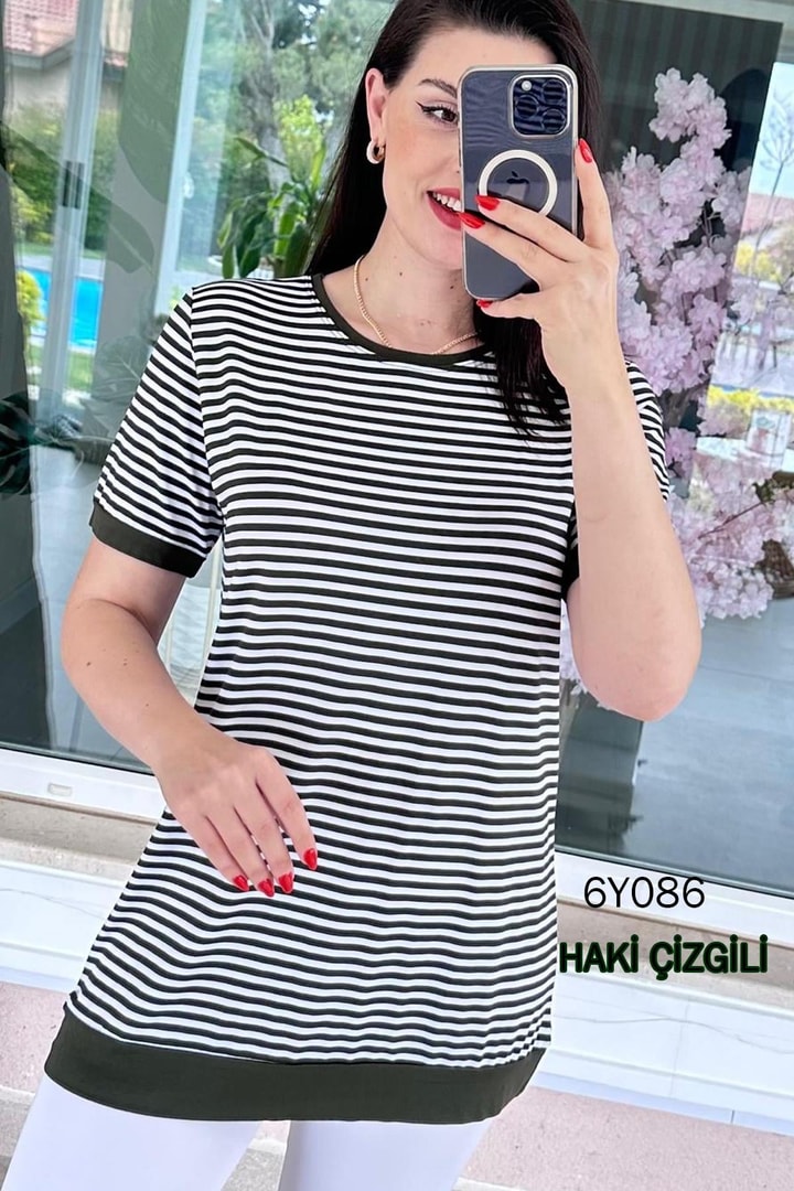 Bisiklet Yaka Çizgili Viskon Bluz
