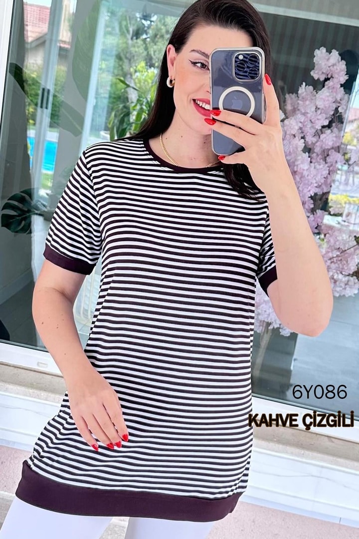Bisiklet Yaka Çizgili Viskon Bluz