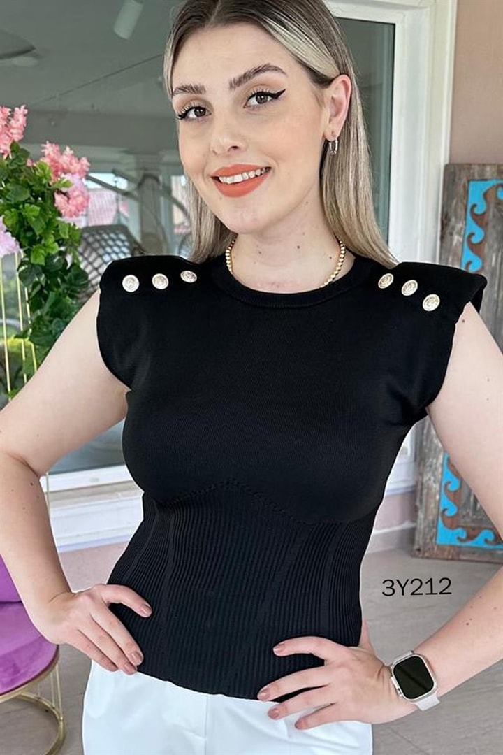 Bisiklet Yaka Düğme Detay Triko  Bluz