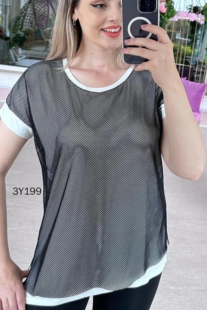 Bisiklet Yaka Fileli Viskon Tshirt