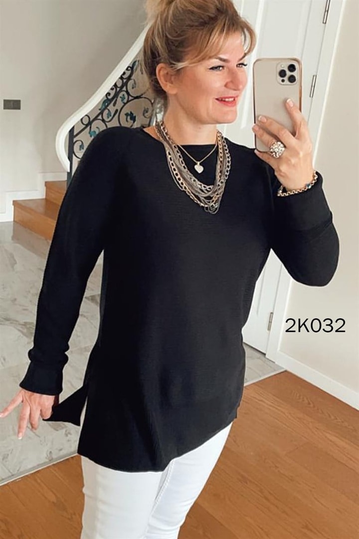 Bisiklet Yaka İnce Fitilli Triko Bluz