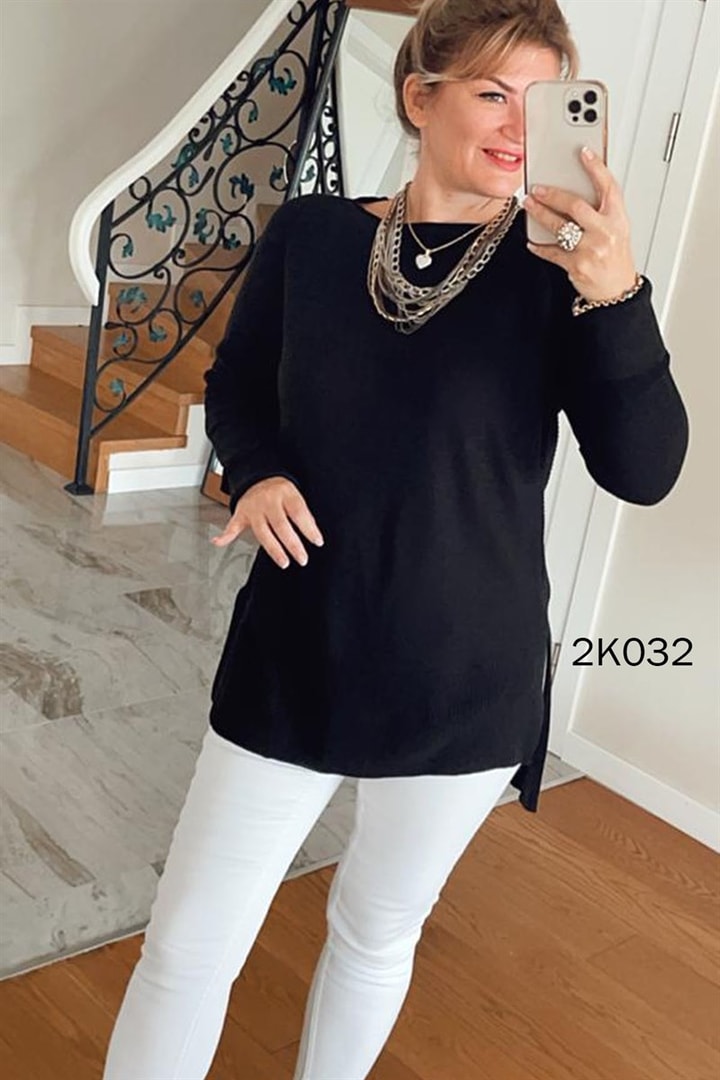 Bisiklet Yaka İnce Fitilli Triko Bluz