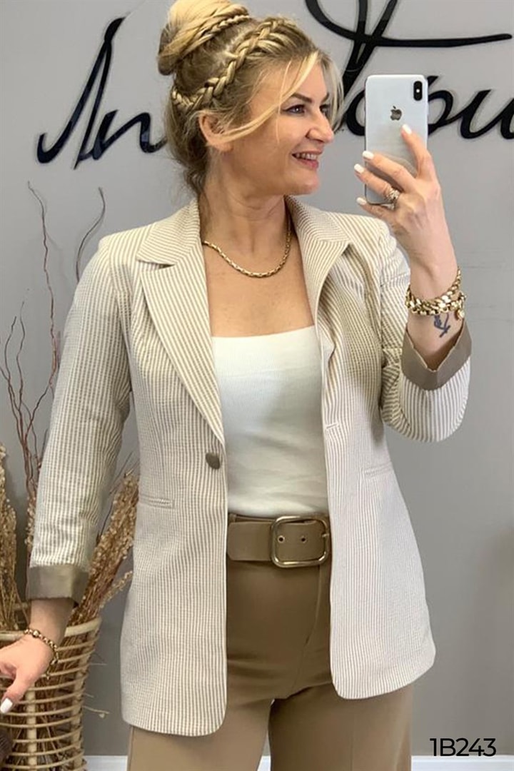 Blazer Çizgili Gofre Ceket