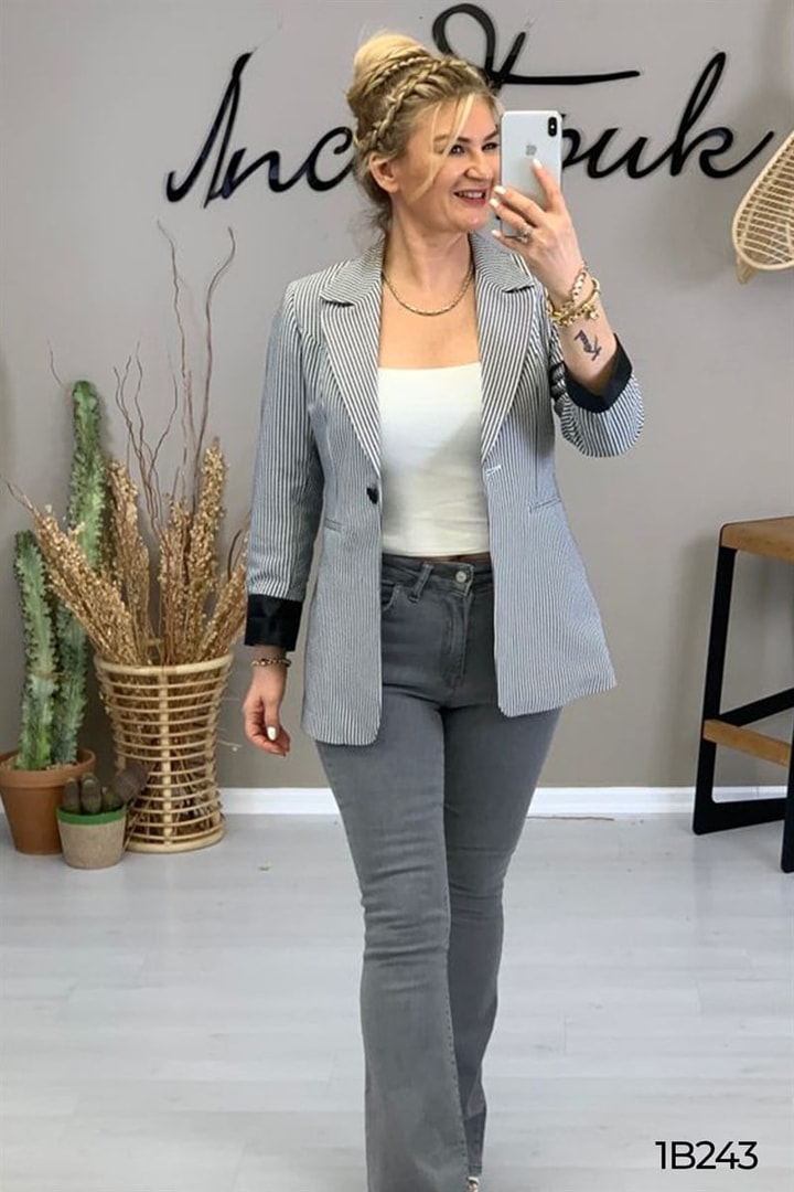 Blazer Çizgili Gofre Ceket