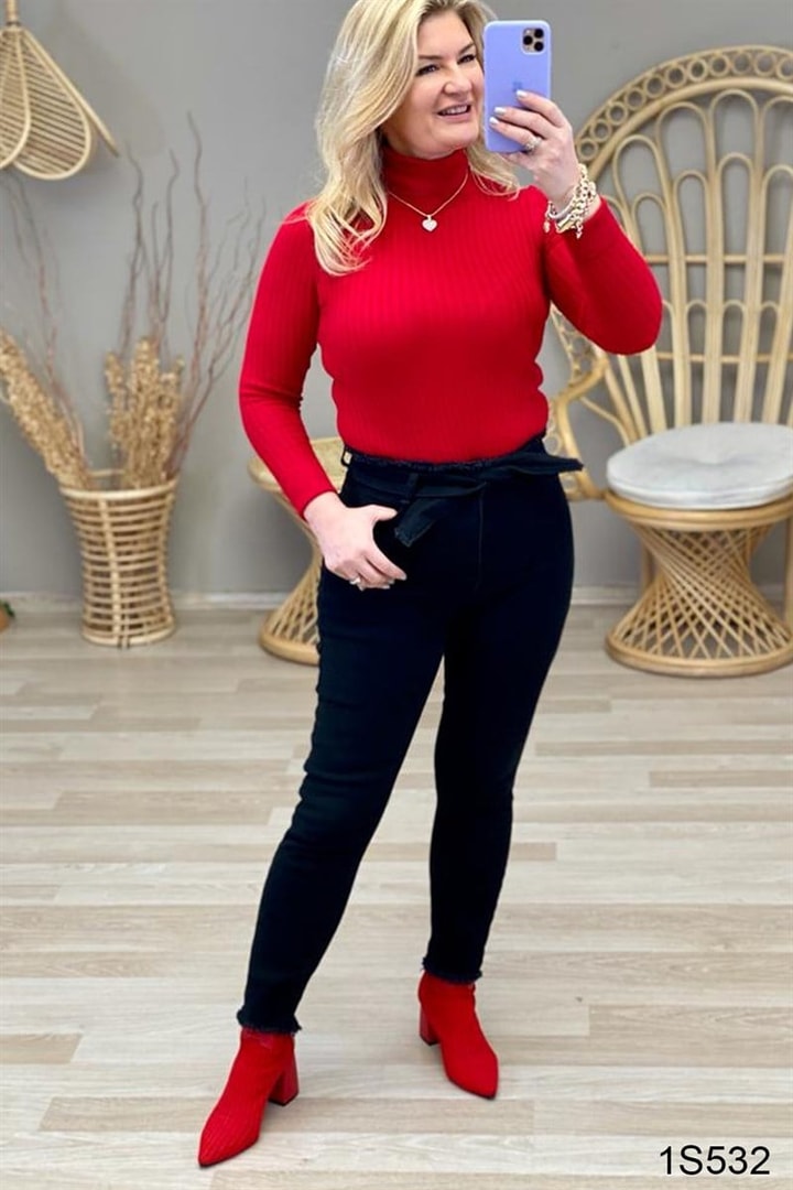 Boyfriend Beli Kemerli Likralı Kot Pantolon