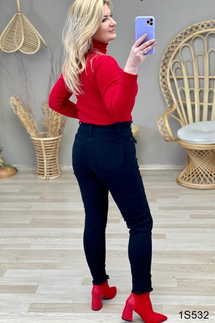 Boyfriend Beli Kemerli Likralı Kot Pantolon