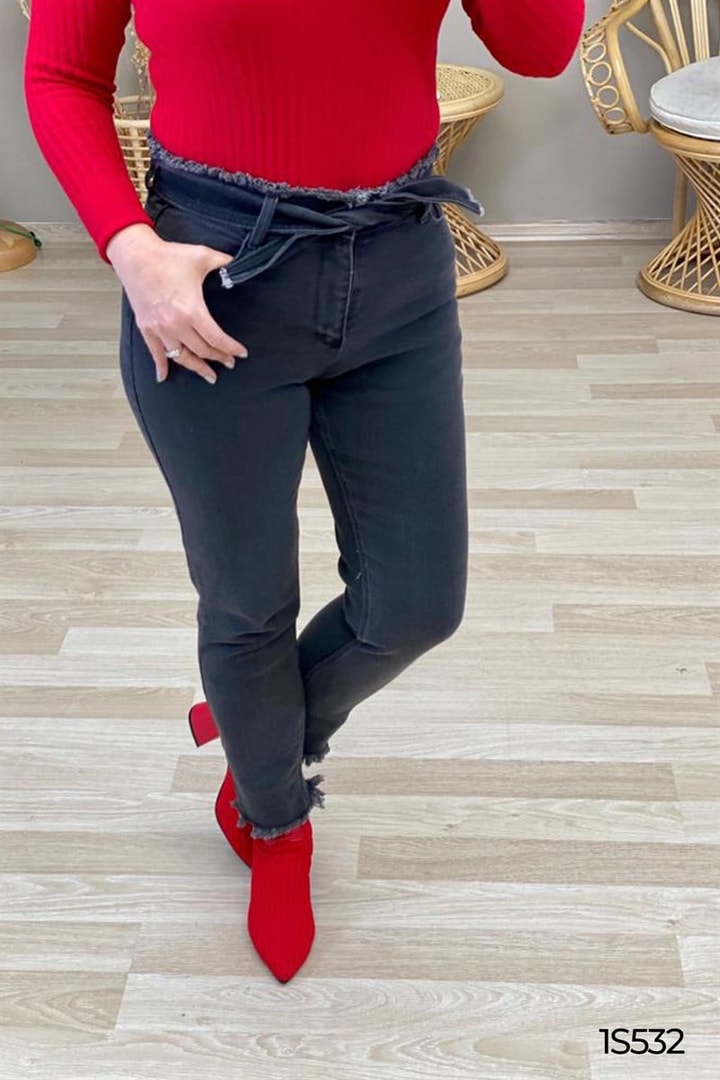 Boyfriend Beli Kemerli Likralı Kot Pantolon