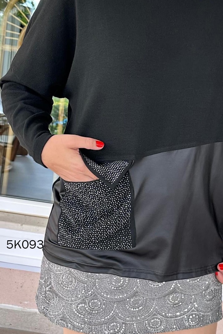 Cebi Taş İşlemeli Deri Garnili Çilek Bluz