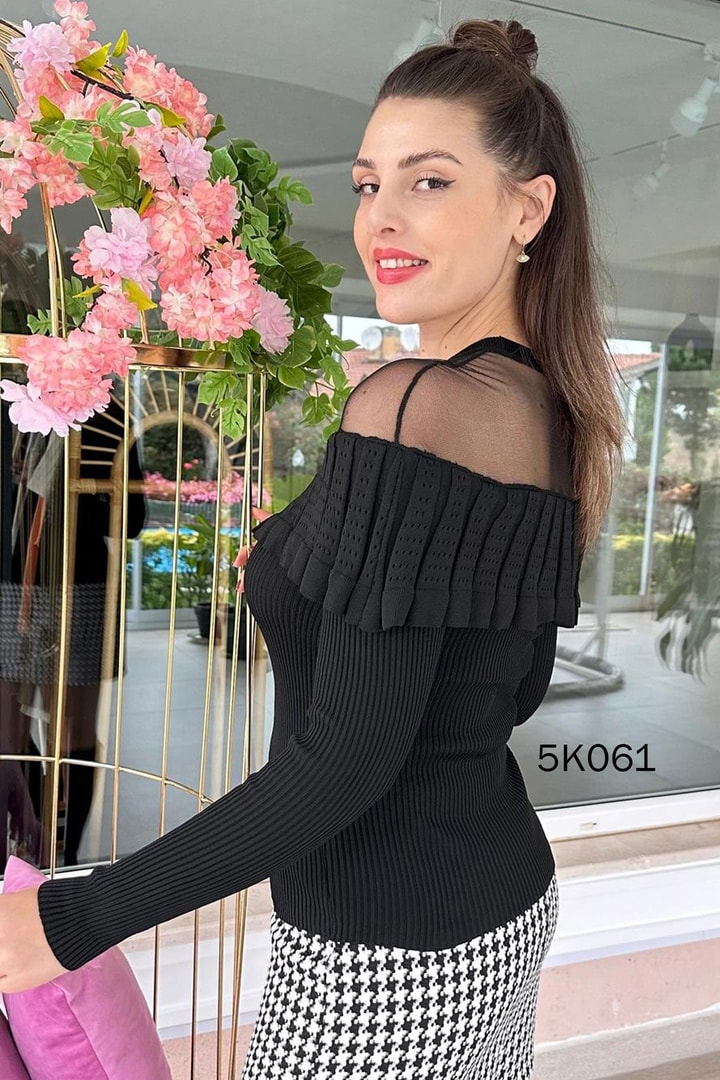 Çelik Örme Tül Detay  Triko Bluz