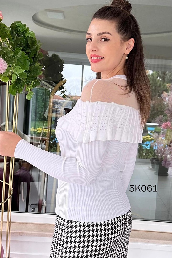 Çelik Örme Tül Detay  Triko Bluz