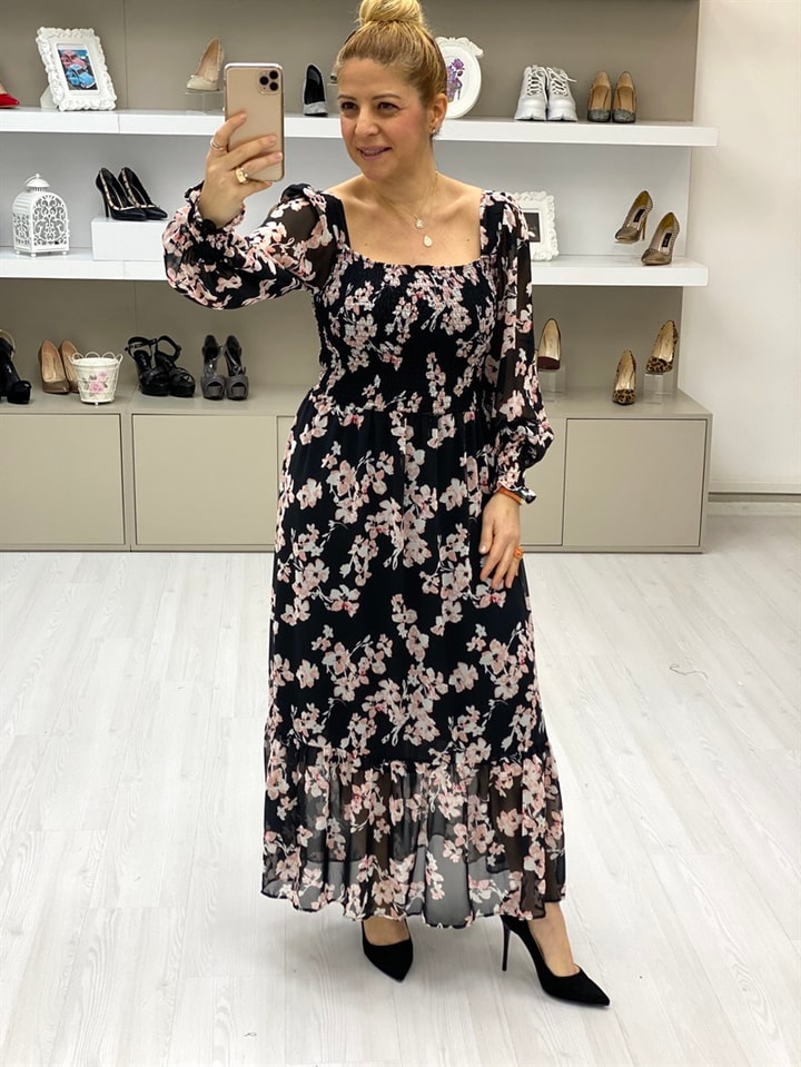 Çiçek Desen Şifon Elbise