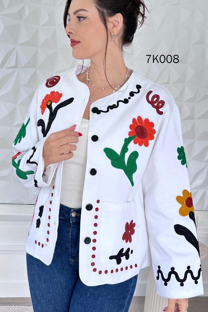 Çiçek Nakışlı Gabardin Ceket