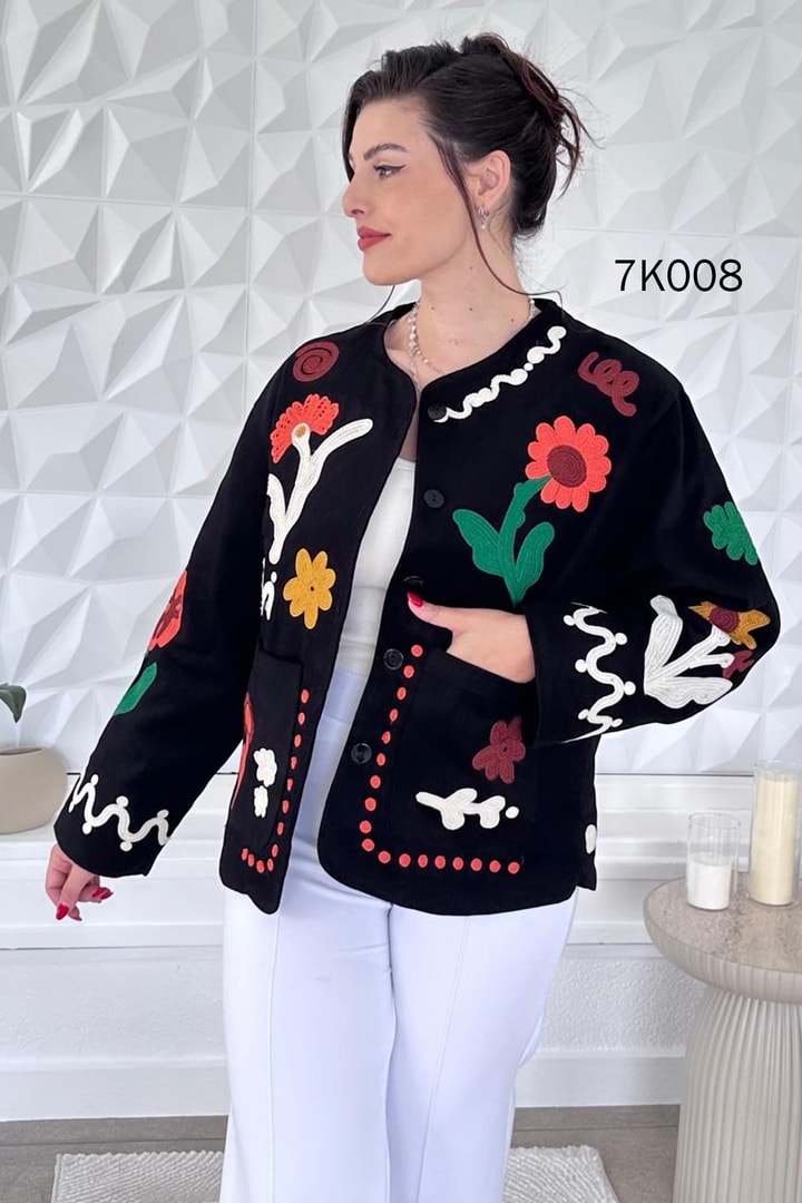 Çiçek Nakışlı Gabardin Ceket