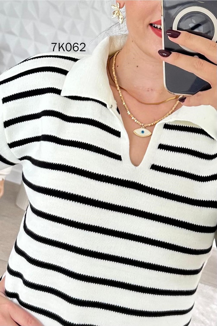 Çizgili Polo Yaka Triko Bluz