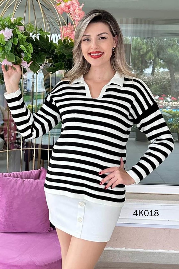 Çizgili Polo Yaka Triko Bluz
