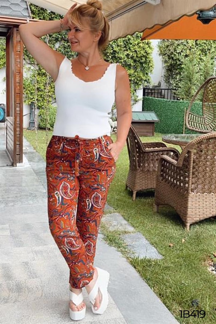Dar Paça Beli Lastikli Desenli Pantolon
