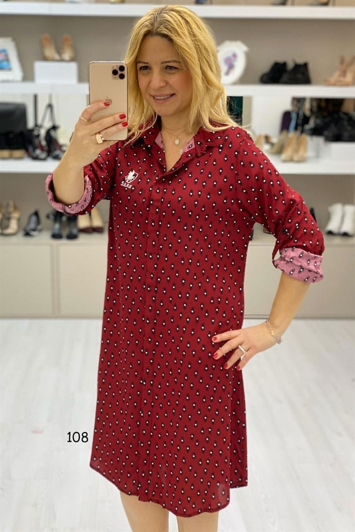 Desenli Önden Düğmeli Elbise