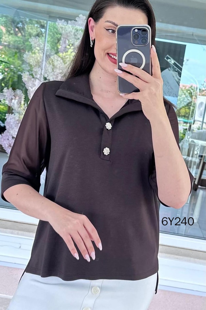 Düğme Detaylı Şifon Kollu Modal Bluz
