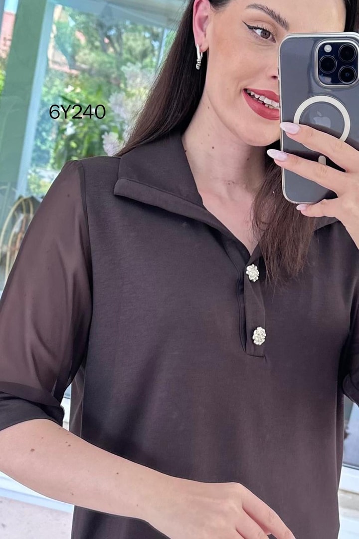 Düğme Detaylı Şifon Kollu Modal Bluz