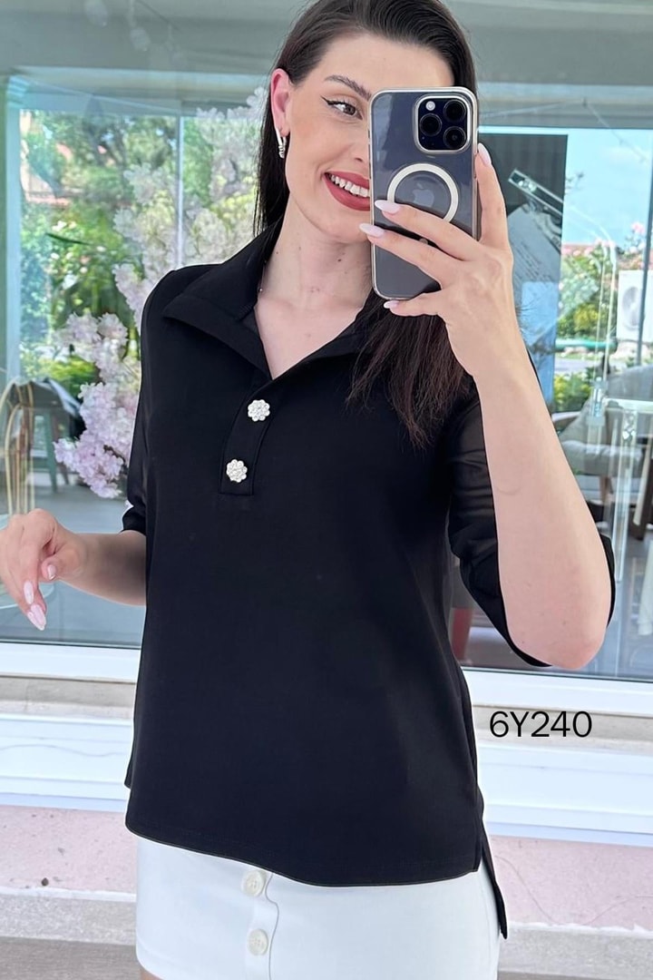 Düğme Detaylı Şifon Kollu Modal Bluz